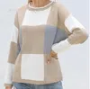 Esley Collection Squares Printing Knit Sweater Top In Beige, Gray, White In Multi
