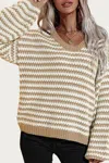 ESLEY COLLECTION STRIPED V-NECK KNIT SWEATER IN KHAKI/WHITE