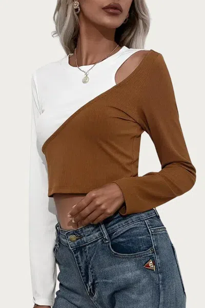 Esley Collection Two-tone Cutout Top In Coffee/white In Brown