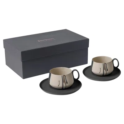Pre-owned Esma Dereboy Handmade Porcelain Tea Cup With Saucer Set Of 2- Colour Wave In Black Rock Ivory In White