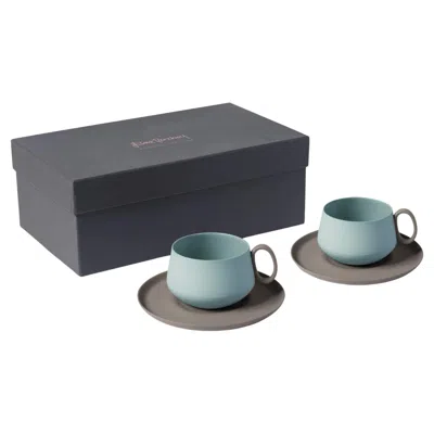 Pre-owned Esma Dereboy Handmade Porcelain Tea Cup With Saucer Set Of 2 - Rock Aqua  Tube In Gray