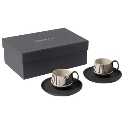 Pre-owned Esma Dereboy Tube Colour Wave Espresso Cup W?th Saucer Set Of 2 Black - Black & Rock & Ivory In White