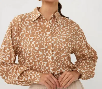 Esqualo Abstract Print Button Down Blouse In Beige In Multi
