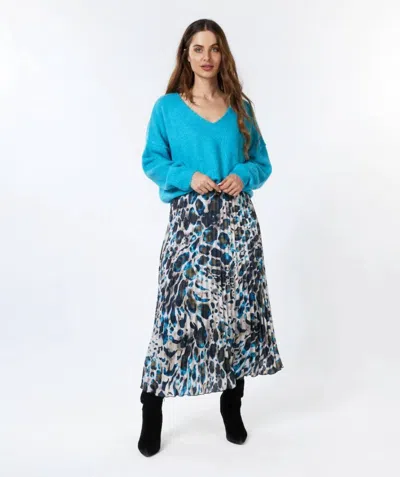 Esqualo Asta Animal Roots Plisse Pleated Midi Skirt In Peacock Blue Navy Olive Green In Animal Print