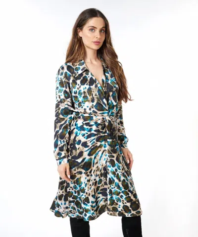 Esqualo Astrid Animal Roots Twist Midi Dress In Peacock Blue Navy Olive Green In Multi