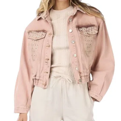 Esqualo Cropped Jean Embellished Jacket In Ivory In Pink