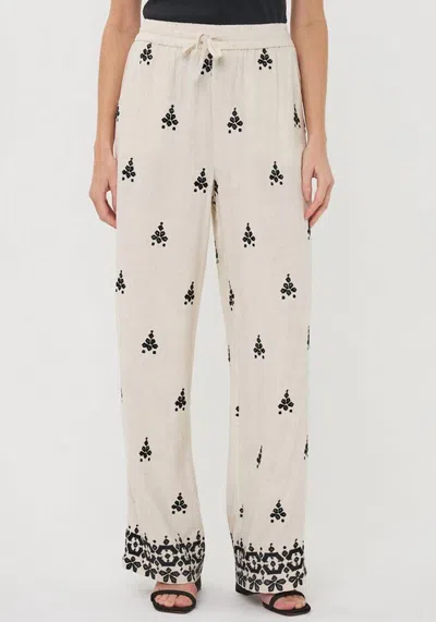 Esqualo Linen Blend Embroidered Trousers In Beige In Gray