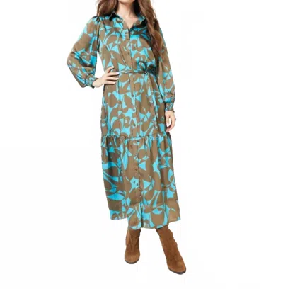 Esqualo Liva Long Expressive Roots Dress In Peacock Blue And Brown In Multi