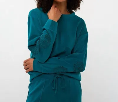 Esqualo Modal Top With Embroidered Floral Sleeve In Teal In Blue