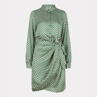 Esqualo Satin Knot Dress In Geo Graphic Print In Green