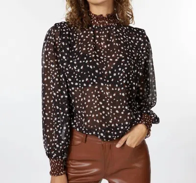 Esqualo Selena Smocked Animal Steps Long Sleeve Blouse In Brown, Black, Brown In Multi