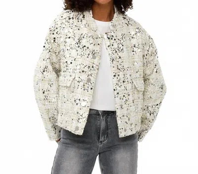 Esqualo Sequine Bomber Jacket In Off White In Multi
