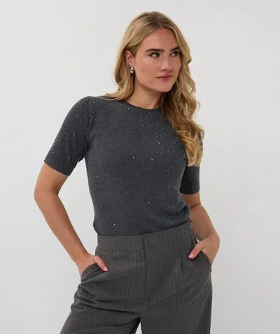 Esqualo Tessina Rib Short Sleeve Studs Top In Dark Grey Melange In Multi