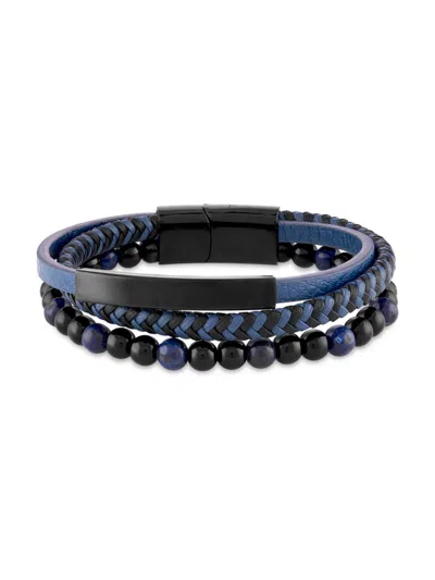 Esquire Men's Black Ion Plated Stainless Steel, Lapis Beads & Leather Bracelet