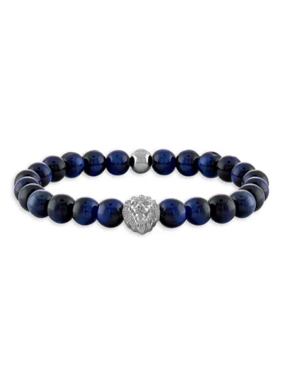 Esquire Men's Sterling Silver & Blue Tiger's Eye Lion Head Beaded Bracelet