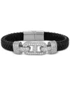 Esquire Men's Jewelry Cubic Zirconia & Braided Black Leather Bracelet In Sterling Silver, Exclusively At Macy's In Black