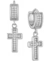 Esquire Men's Jewelry Cubic Zirconia Dangle Cross Huggie Hoop Earrings In Sterling Silver, Created For Macy's In Silver