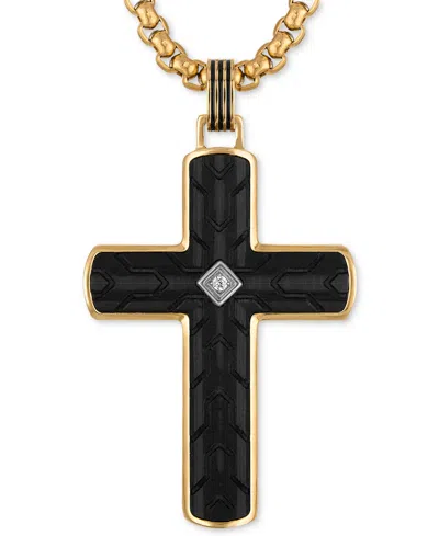 Esquire Men's Jewelry Diamond Accent Carbon Fiber Cross 22" Pendant Necklace In Stainless Steel & Black & Gold-tone Ion-pl