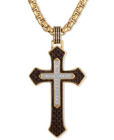 Esquire Men's Jewelry Diamond & Brown Carbon Fiber Cross Pendant Necklace (1/10 Ct. T.w.) In Gold-tone Ion-plated Stainles