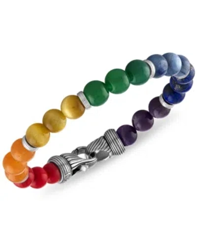 Esquire Men's Jewelry Multi-stone Rainbow Beaded Bracelet In Sterling Silver, Created For Macy's