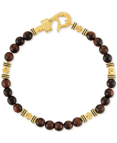 Esquire Men's Jewelry Red Tiger Eye Bead Bracelet In 14k Gold-plated Sterling Silver, Created For Macy's In Tiger's Eye