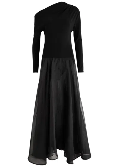 Esse Studios Aire Twist Asymmetric Cutout Stretch-knit And Silk-organza Maxi Dress In Black