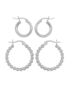 Essentials 2-pc. Set Polished Small Hoop & Beaded Hoop Earrings In Gold-plate Or Silver Plate In Silver