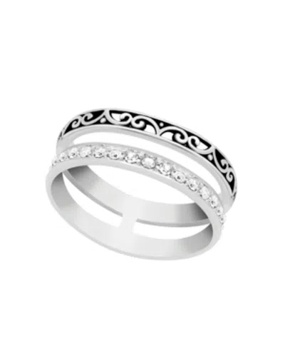Essentials And Now This Oxidized And Clear Crystal Double Row Band Ring In Silver Plate