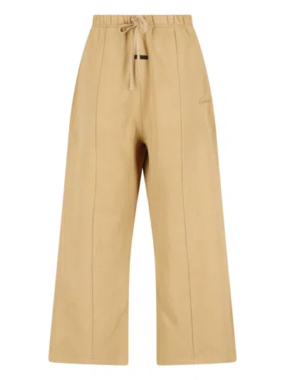 Essentials Beige Wide-leg Cropped Tonal Embroidered Trousers In Brown