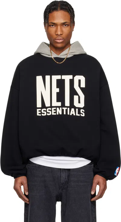 Essentials Black & Gray Nba Nets Pull Over Hoodie In Black/warm Heather