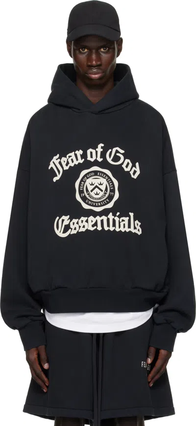 Essentials Black Heavy Fleece Vintage Shrunken Hoodie