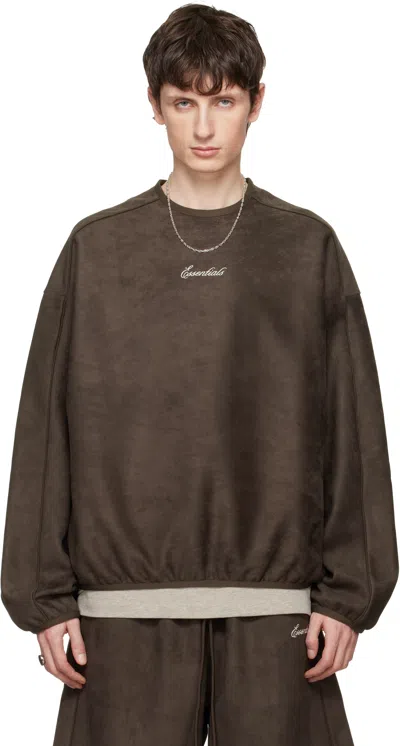 Essentials Brown Signature Modern Crewneck Faux-suede Sweatshirt