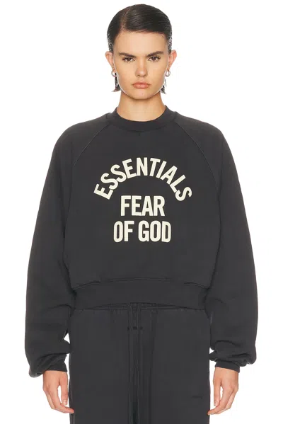 Essentials Campus 90's Cropped Raglan Fleece Crewneck Sweatshirt In Black