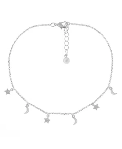 Essentials Clear Cubic Zirconia Moon & Star Anklet In Silver Plate