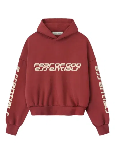 Essentials Fear Of God  "cropped Relaxed" Hoodie In Red