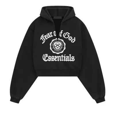 Pre-owned Essentials Fear Of God  Heavy Fleece Cropped V-neck Hoodie 'black' | Women's Size M