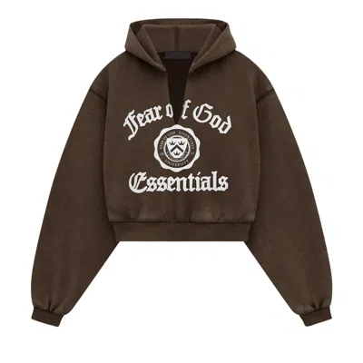 Pre-owned Essentials Fear Of God  Heavy Fleece Cropped V-neck Hoodie 'brown' | Women's Size M