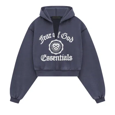 Pre-owned Essentials Fear Of God  Heavy Fleece Cropped V-neck Hoodie 'marine' | Blue | Women's Size S