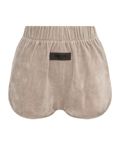 Essentials Fear Of God  Logo Patch Velour Shorts In Nude