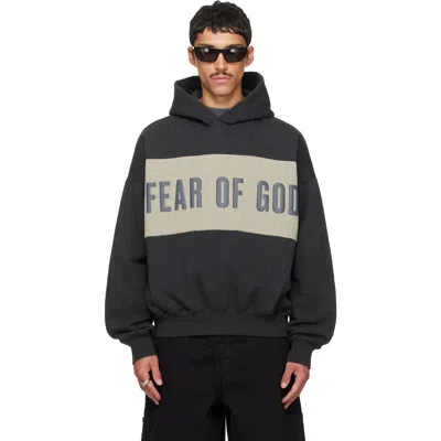 Essentials Gray Cropped Relaxed Paneled Hoodie In Black