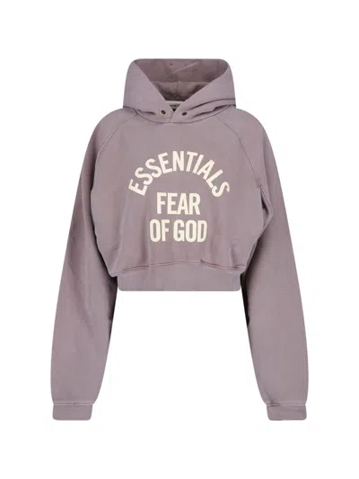 Essentials Grey Cropped Washed Texture Arched Hoodie In Gray