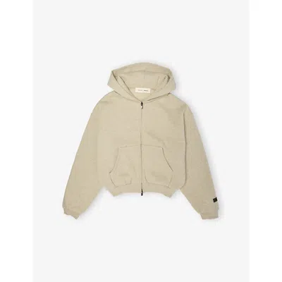 Essentials Kids' Logo-print Long-sleeve Cotton-jersey Hoody 2-12 Years Heather Stone In Neutral