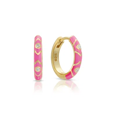 Essentials Jewels Women's Cz Enamel Colored Huggie Earring In Pink