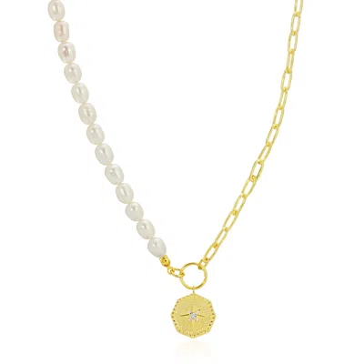 Essentials Jewels Women's Gold Pearl Link Coin Necklace