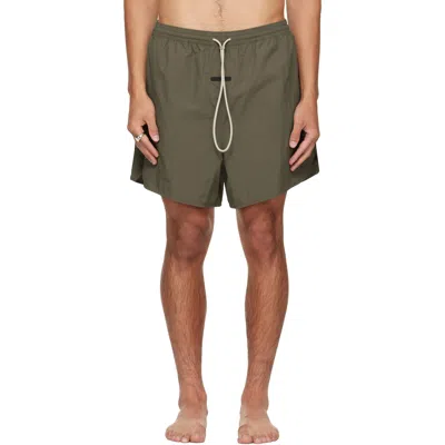 Essentials Khaki Logo Patch Swim Shorts In Green