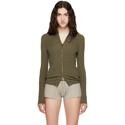 Essentials Khaki Rib Knit Zip Up Sweater In Moss