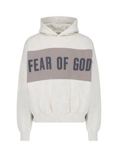 Essentials Light Grey Cotton Contrast Logo Hoodie In Gray