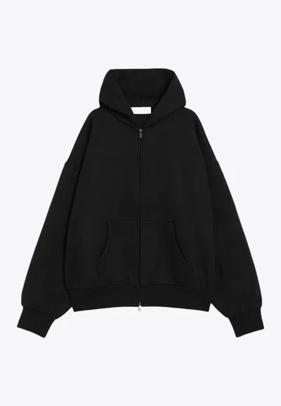 Essentials Logo Print Zip-up Hooded Sweatshirt In Black