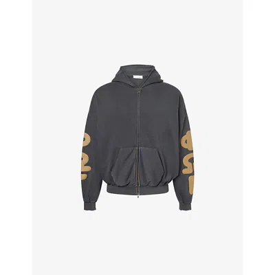 Essentials Mens 90's Zip-up Puff-print Cotton Hoody Washed Iron Grey