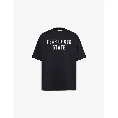 Essentials Mens Jet Black Brand-print Relaxed-fit Cotton-jersey T-shirt